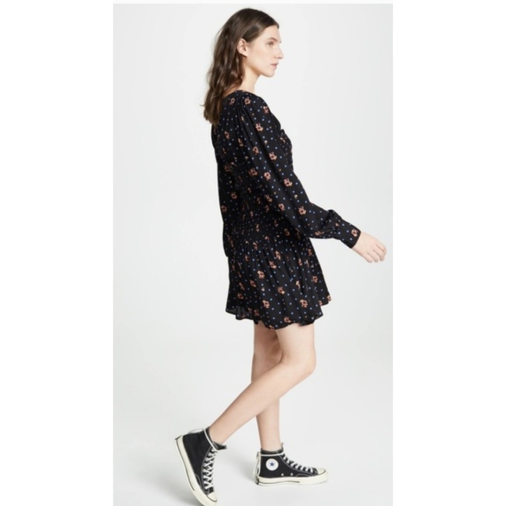 FREE PEOPLE Two Faces Mini Dress Ruched With Floral Print Black Blue Small - Picture 4 of 10